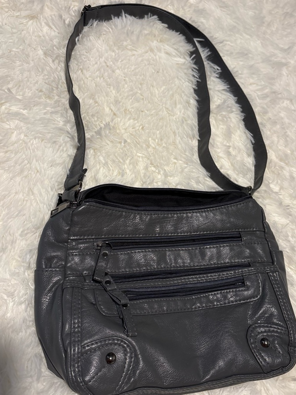 Everyday Black Faux-Leather Crossbody Bag with Front Zip Pockets